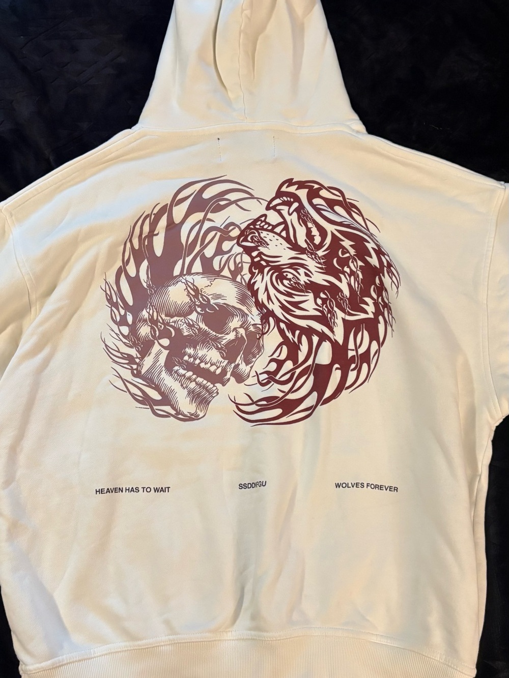 Darc Sport Cream Hoodie with Maroon Graphic Skull & Wolf